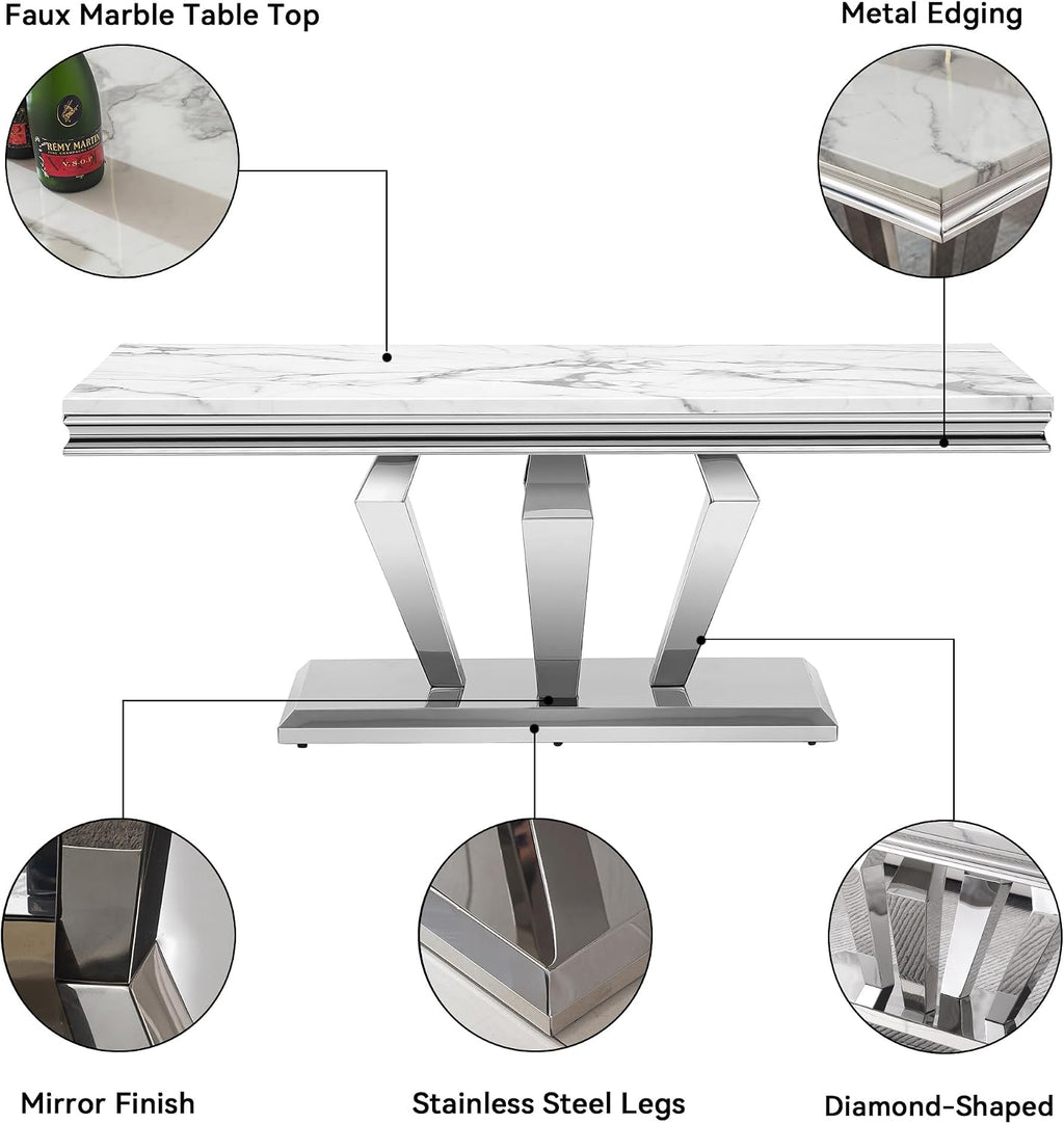 3 Pieces Coffee Table Set, Faux Marble Living Room Table Set of 3, Modern Coffee Table and 2 End Tables with Diamond-Shaped Stainless Steel Base for Living Room (White Silver)