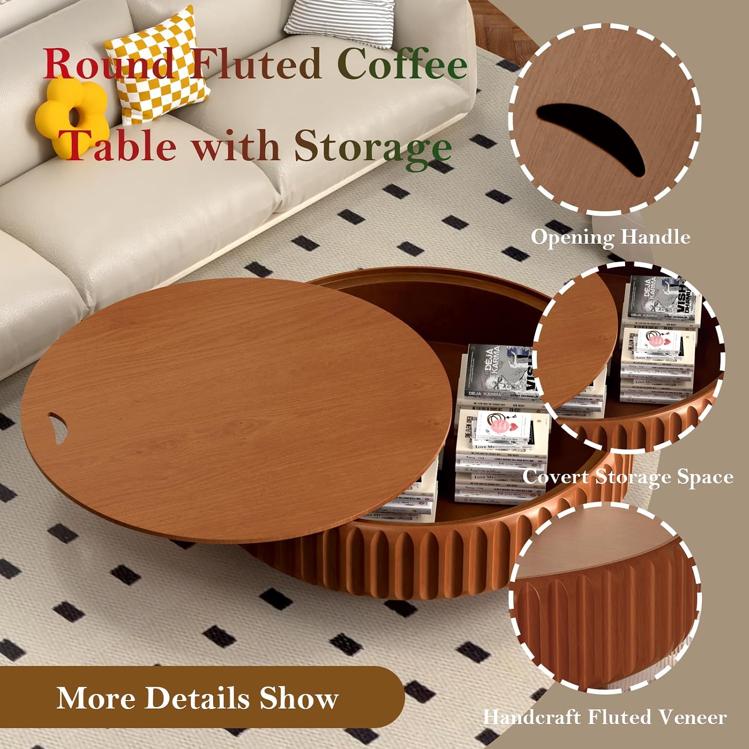 Chic Drum Coffee Table with Storage 39.37' Rustic Round Center Table - Handcraft Fluted Veneer Easy Assemble for Living Room Apartment (C 39.37in)
