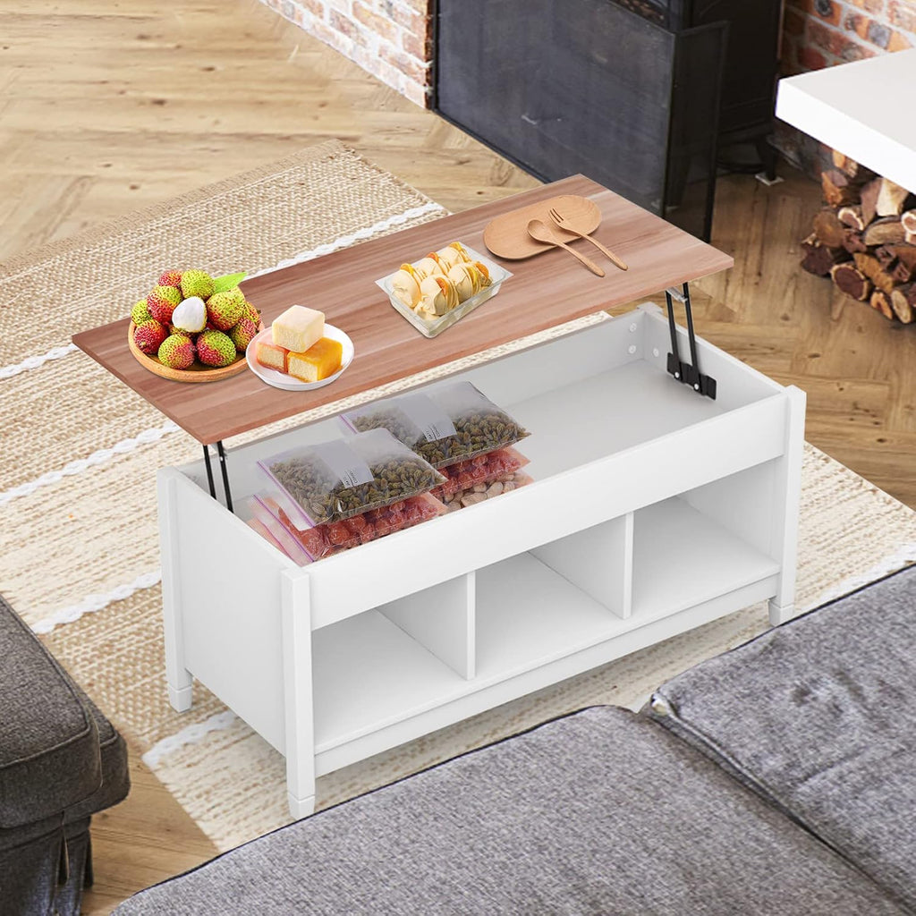 COSTWAY Lift Top Coffee Table, with Hidden Storage Compartment & 3 Open Shelves, Rectangular Cocktail Tea Table with Solid Wood Legs for Living Room Reception Room (White)