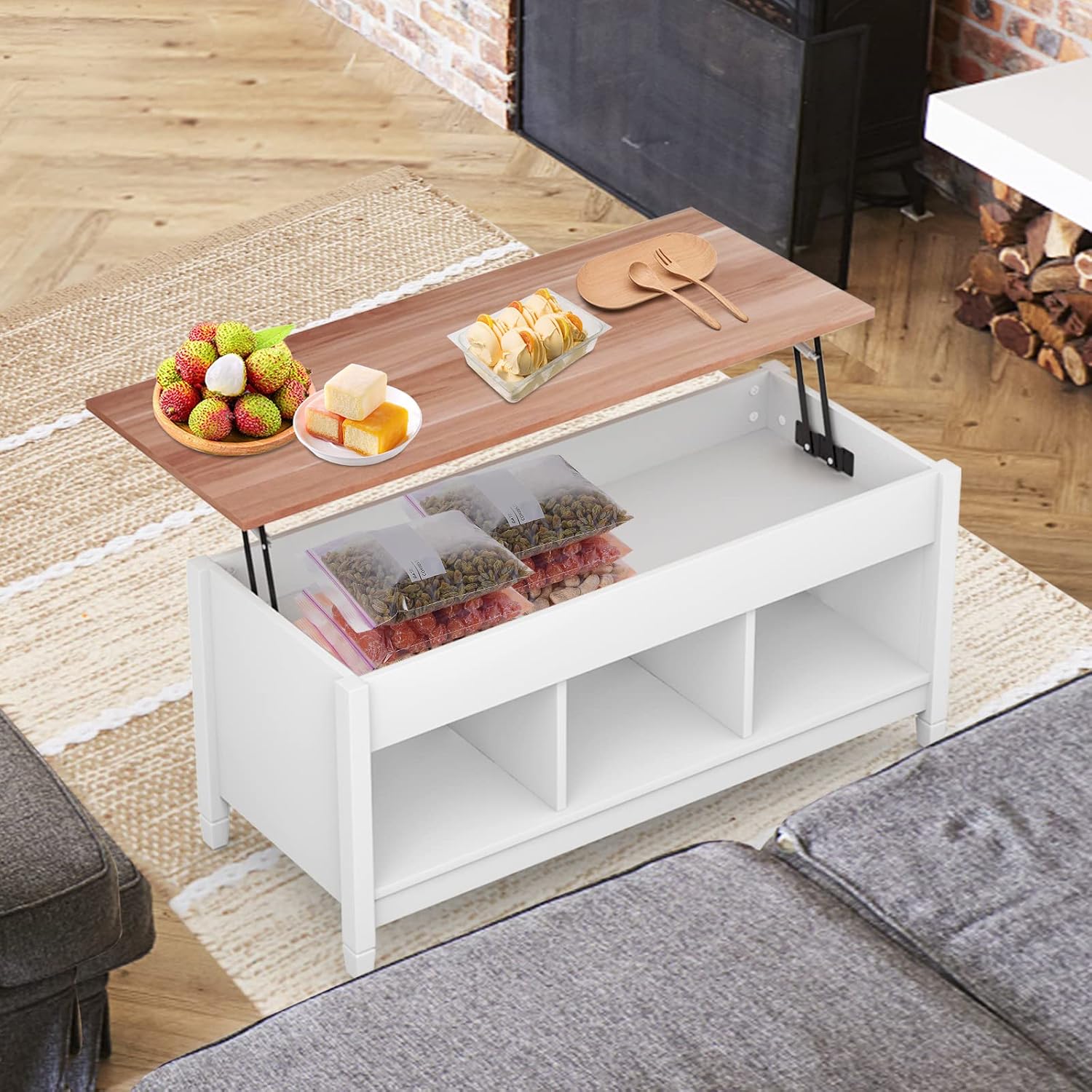 COSTWAY Lift Top Coffee Table, with Hidden Storage Compartment & 3 Open Shelves, Rectangular Cocktail Tea Table with Solid Wood Legs for Living Room Reception Room (White)