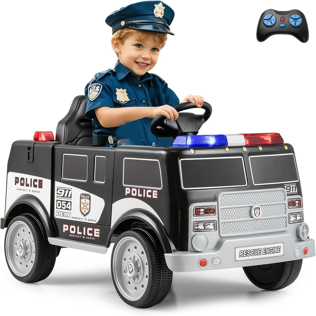 Costzon Ride on Police Car, 12V Battery Powered Electric Cop Cars for Kids w/3 Speeds, Megaphone, Music, FM Radio, Flashing Lights, Sirens, Ride on Toy w/Remote Control for Boys Girls 3+(Police Truck)