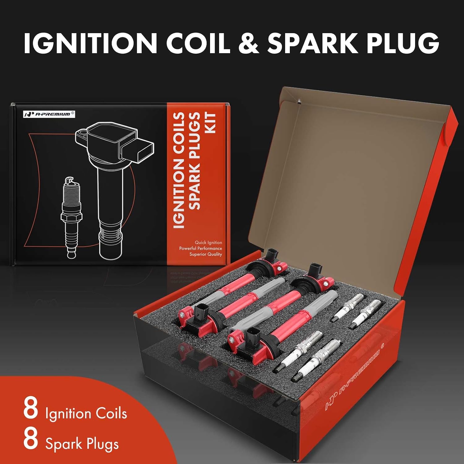 A-Premium Ignition Coils and Spark Plugs Kits Compatible with Ford F-150 2011-2016, Mustang 2011-2015, 5.0L Red, Set of 8