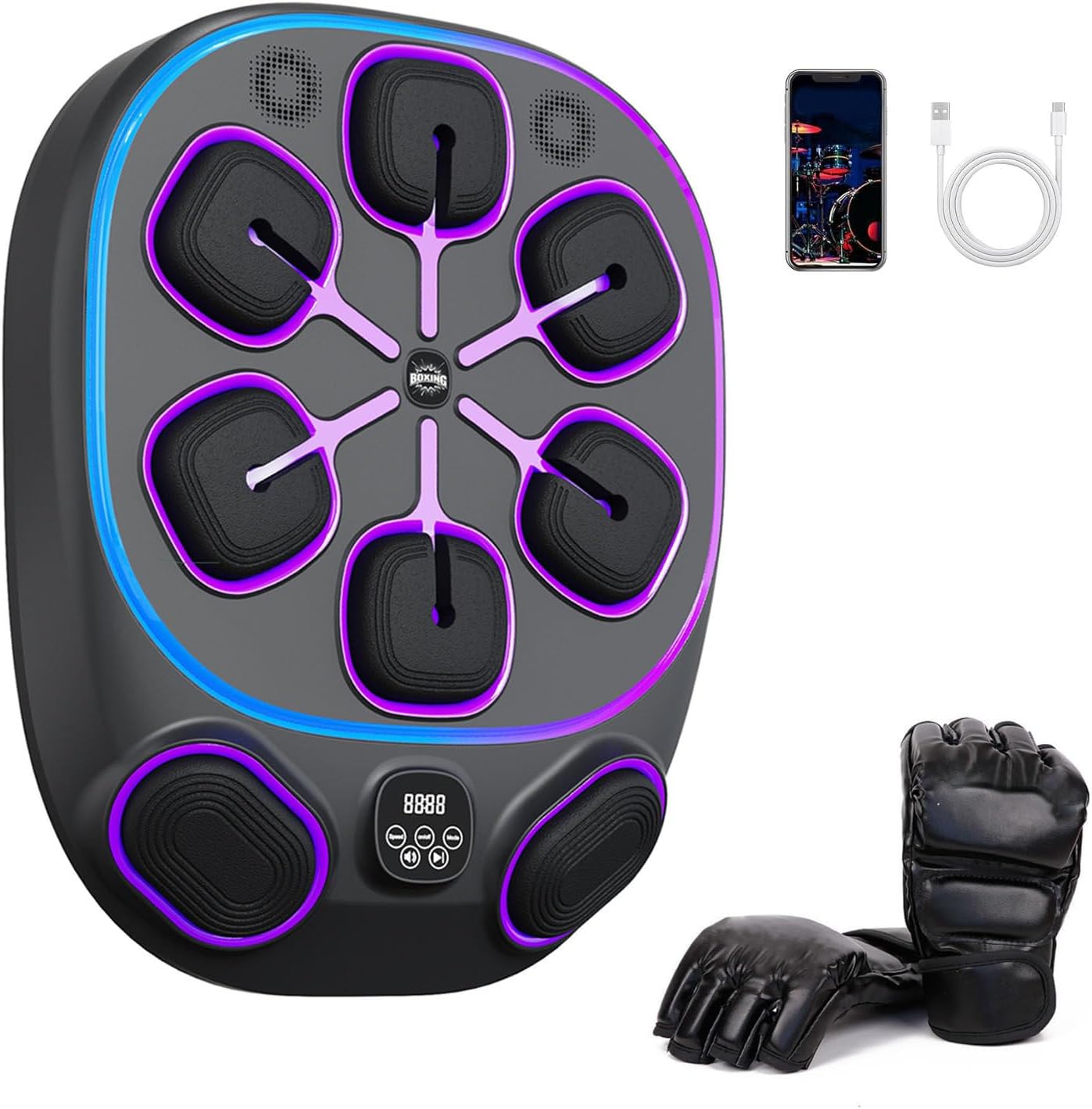 Wall-Mounted Smart Boxing Machine with 9 Training Modes, 9 Speed Levels & LED Display for Real-Time Tracking - Music Sync Technology for Cardio & Strength Workouts,Halfgloves