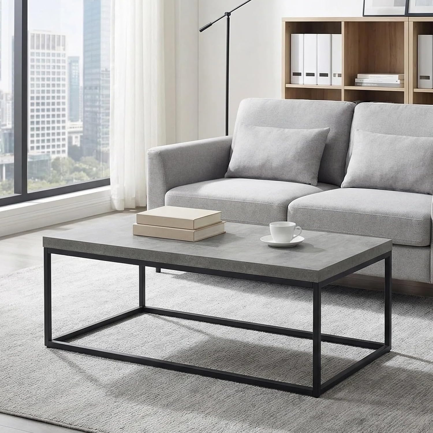 CENSI 47-Inch Large Grey Marble Accent Coffee Table/Center Table for Living Room, Rectangle Modern Industrial Style,Wood and Metal, Max.Loading 220 lbs. (Concrete)