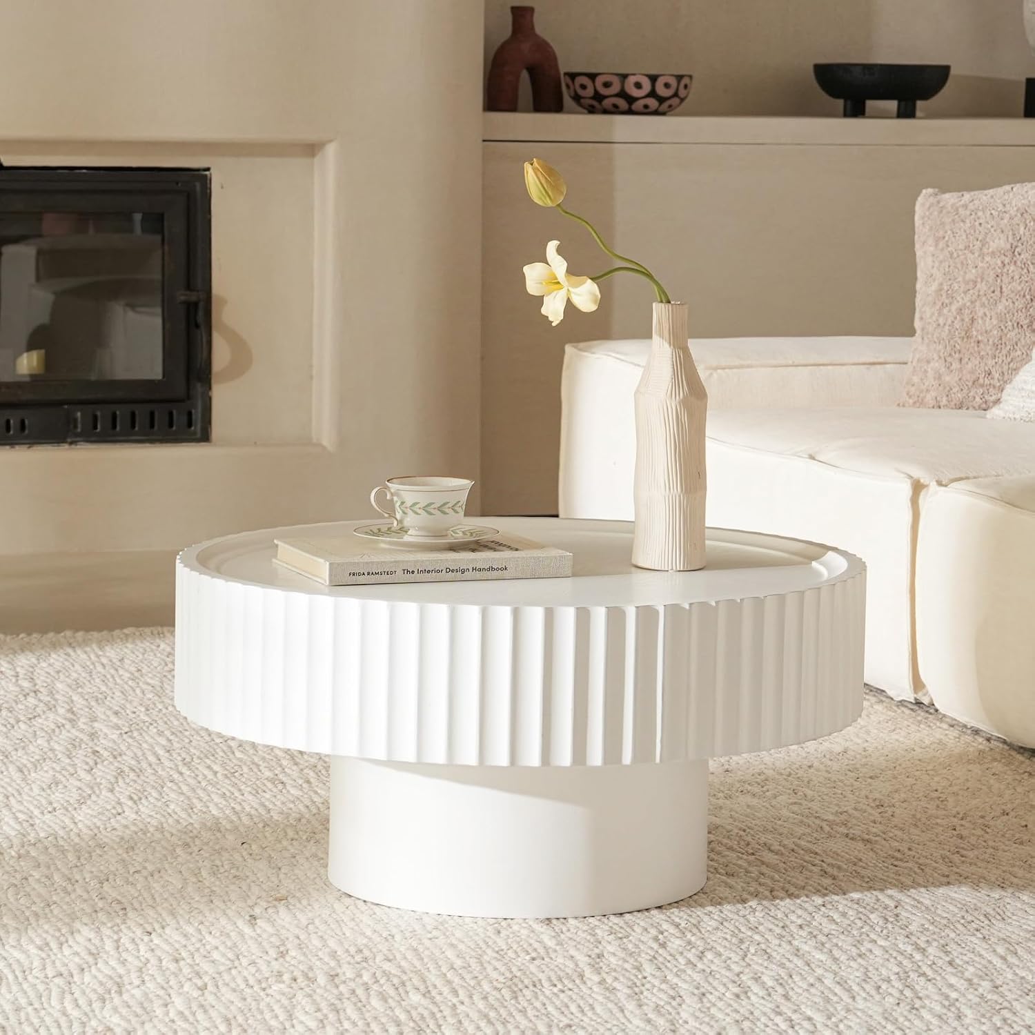 Round Coffee Table, 30.3in Modern Living Room Table, Fluted Drum Circle Tea Table with Storage, Accent Center Tables for Living Room, Apartment, Small Space (White)