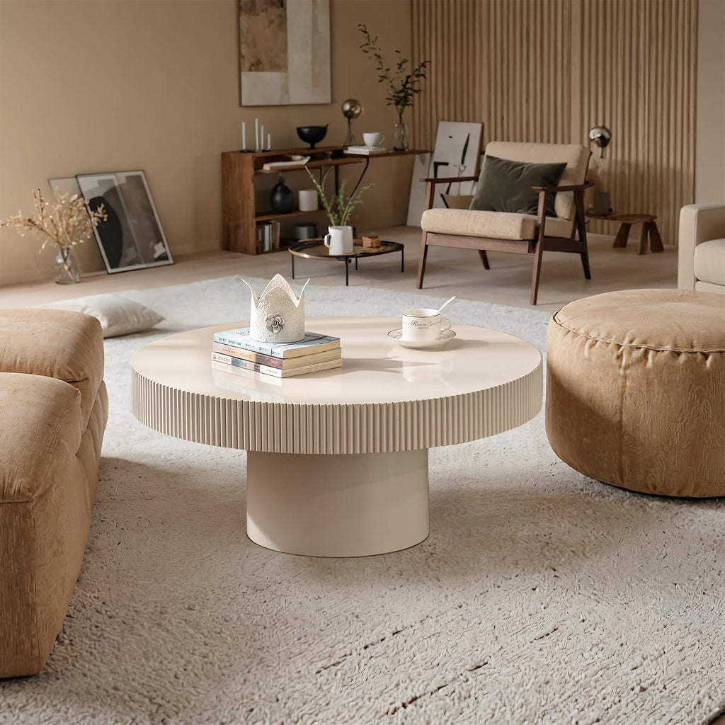 Round Fluted Coffee Table Round Drum Coffee Table for Living Room Modern Circular Pedestal Center Table (Circle Ivory White 30.7in)