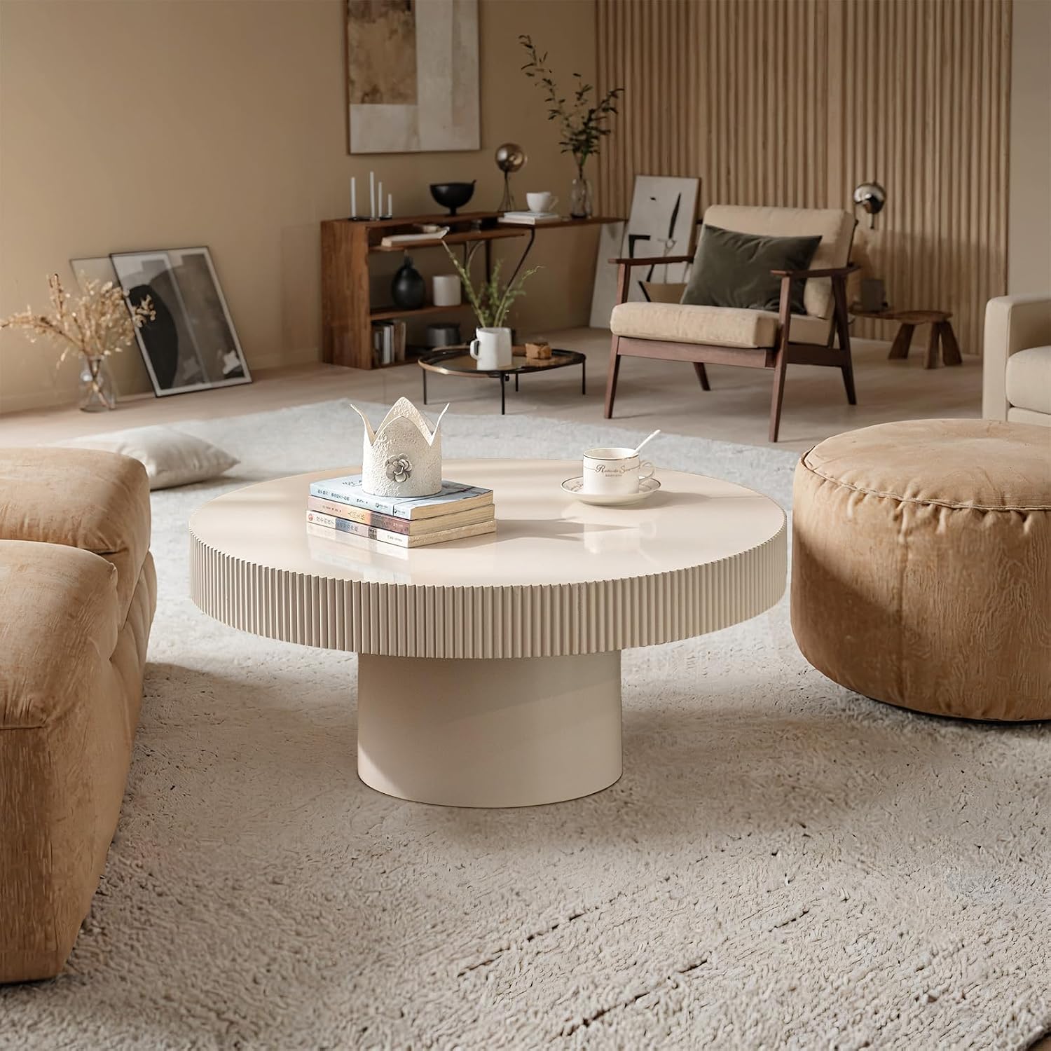 Round Fluted Coffee Table Round Drum Coffee Table for Living Room Modern Circular Pedestal Center Table (Circle Ivory White 30.7in)