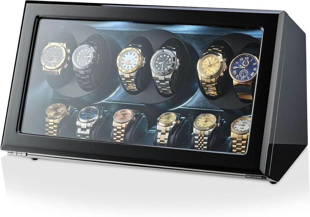 TIMECUBE Watch Winder with 6 Storage Slots, LED Light and Automatic Motor-Stop Option