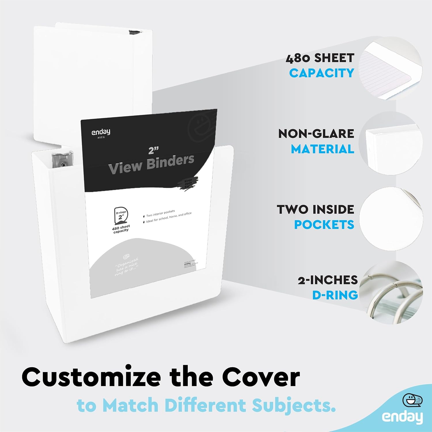 2 Inch Binders 3 Ring, White 2 Inch Round Ring Binder with Clear View Cover & 2 Inside Pockets, School Supplies Binders (24 PC) – by Enday