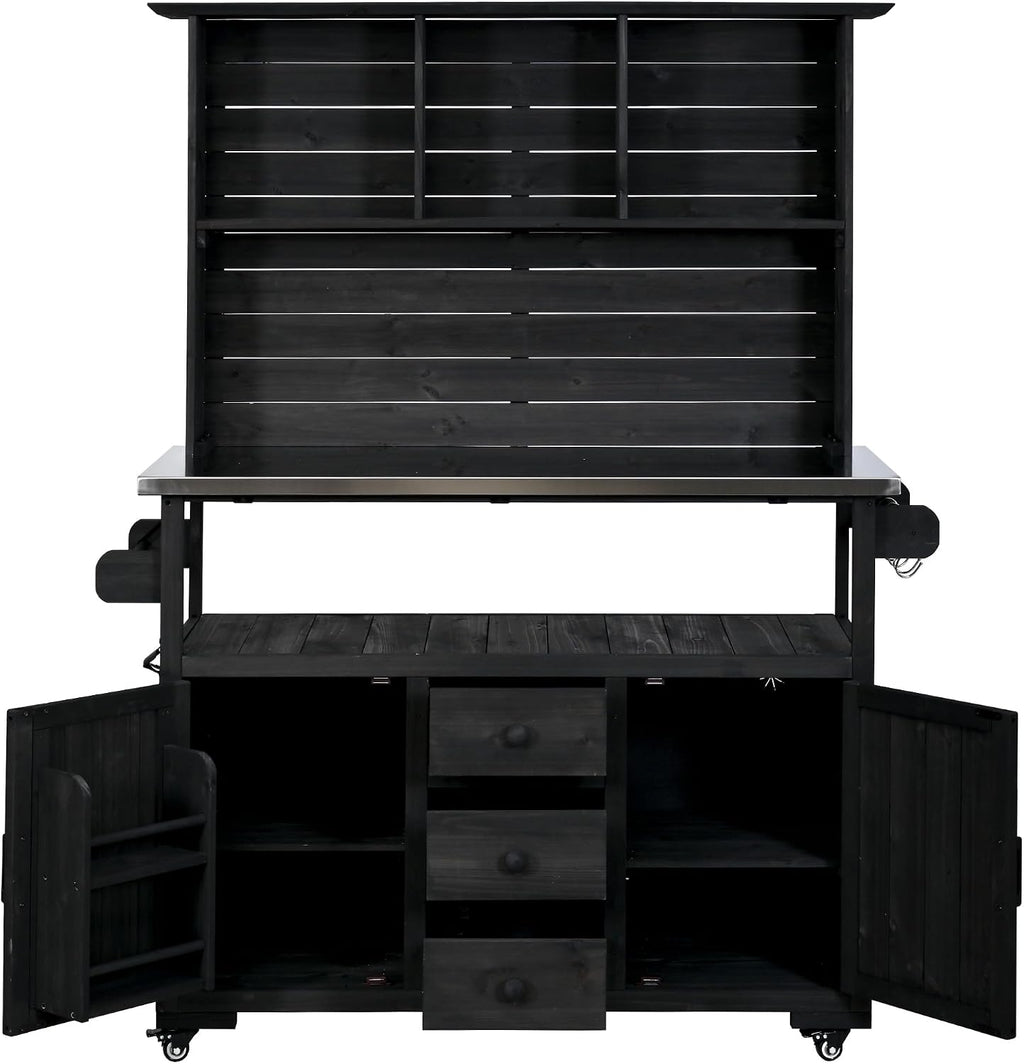 Merax 65''H Large Garden Storage Potting Bench with Lockable Wheels, Wood Outdoor Kitchen Island with Stainless Steel top, Drawers, Door Shelves and Hutch for Grilling, Black