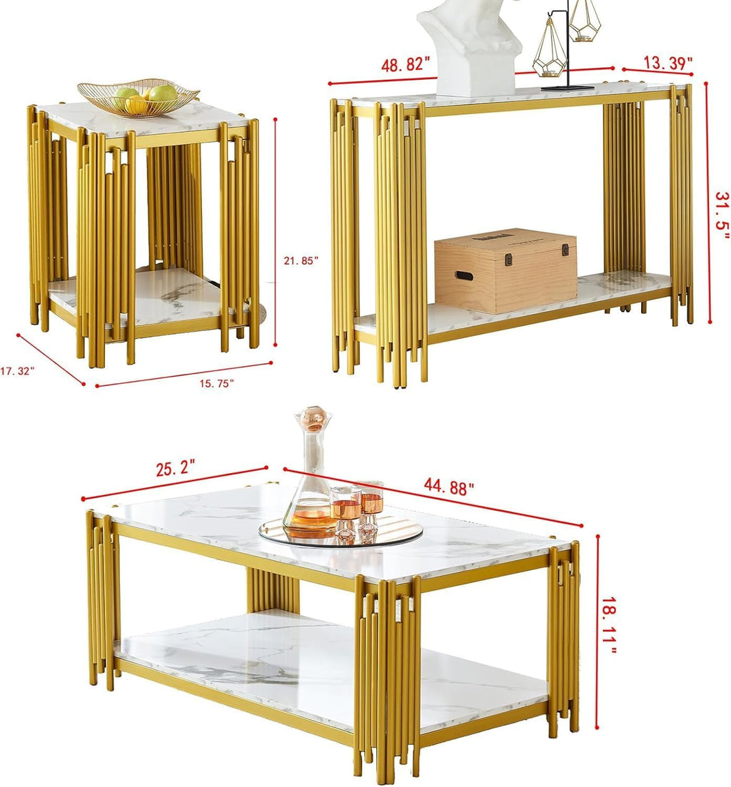 White Marble Coffee Table Set of 3, Faux Marble Coffee Tables, Console Table and End Tables with Gold Chrome Metal I-Base, Luxury Marble 3 Piece Living Room Table Set for Bedroom Home Office