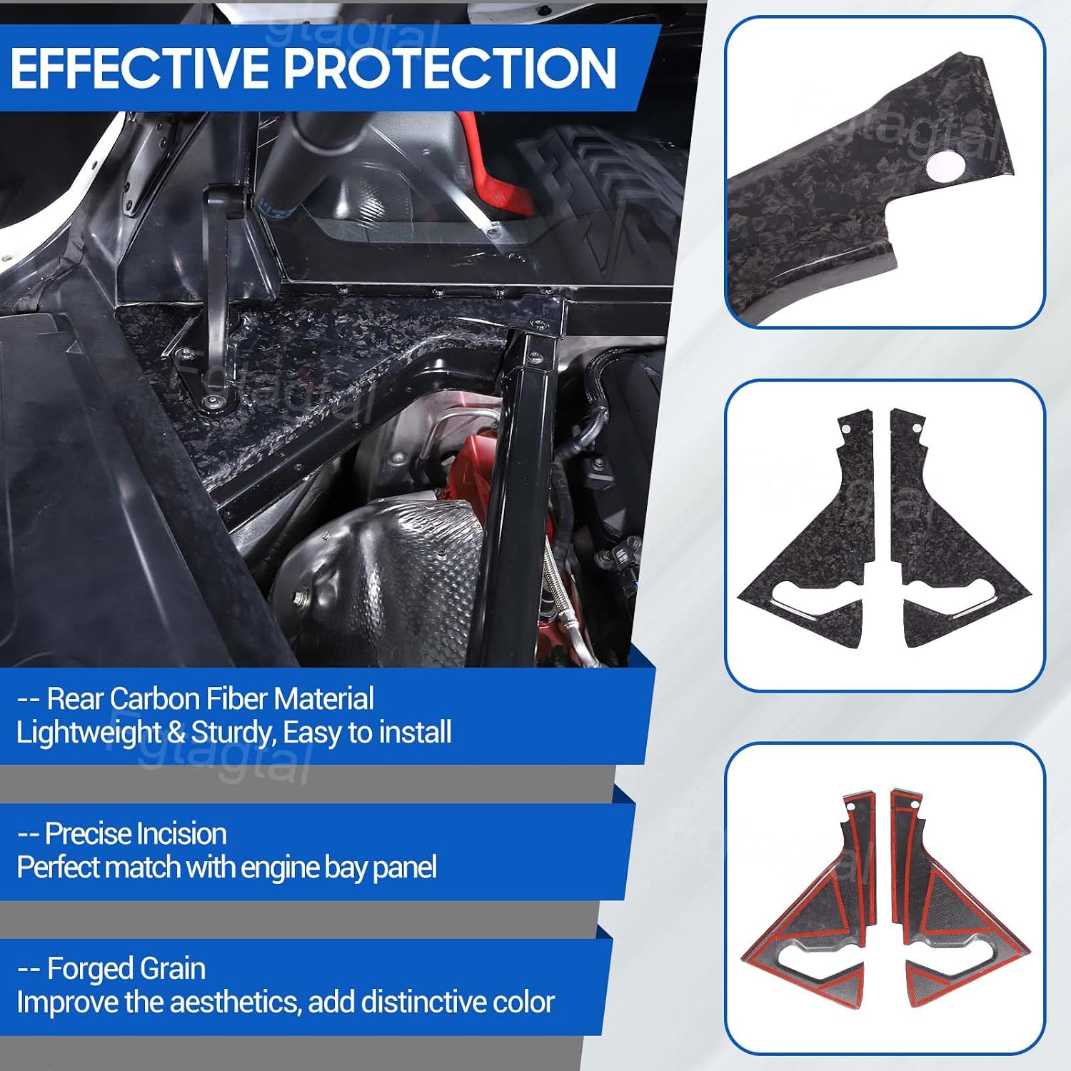 Real Carbon Fiber Engine Bay Panel Cover Compatible with Chevrolet Corvette C8 2020-2026, Front Hood Lift Supports Shock Struts Base Trim Cover Accessories 2Pcs (Forged Grain)