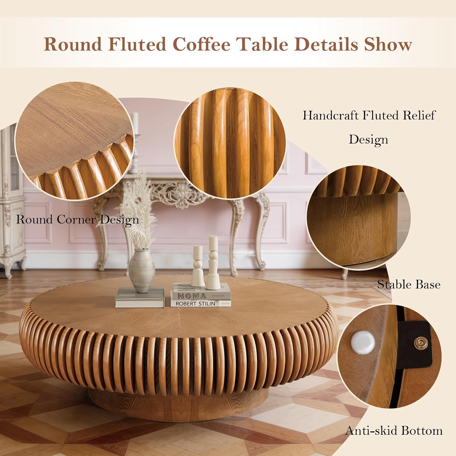 39.37' Round Fluted Coffee Table Unique Contemporary Wood Low Circle Drum Tea Tables with Sturdy Pedestal for Small Space (D Brown 39.37in)