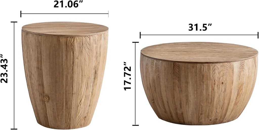 Round Wood Coffee Table End Table Side Table Set of 2 with Storage for Living Room, Modern Farmhouse Bucket Shaped Drum Coffee Table for Living Room Apartment, 2-Pcs