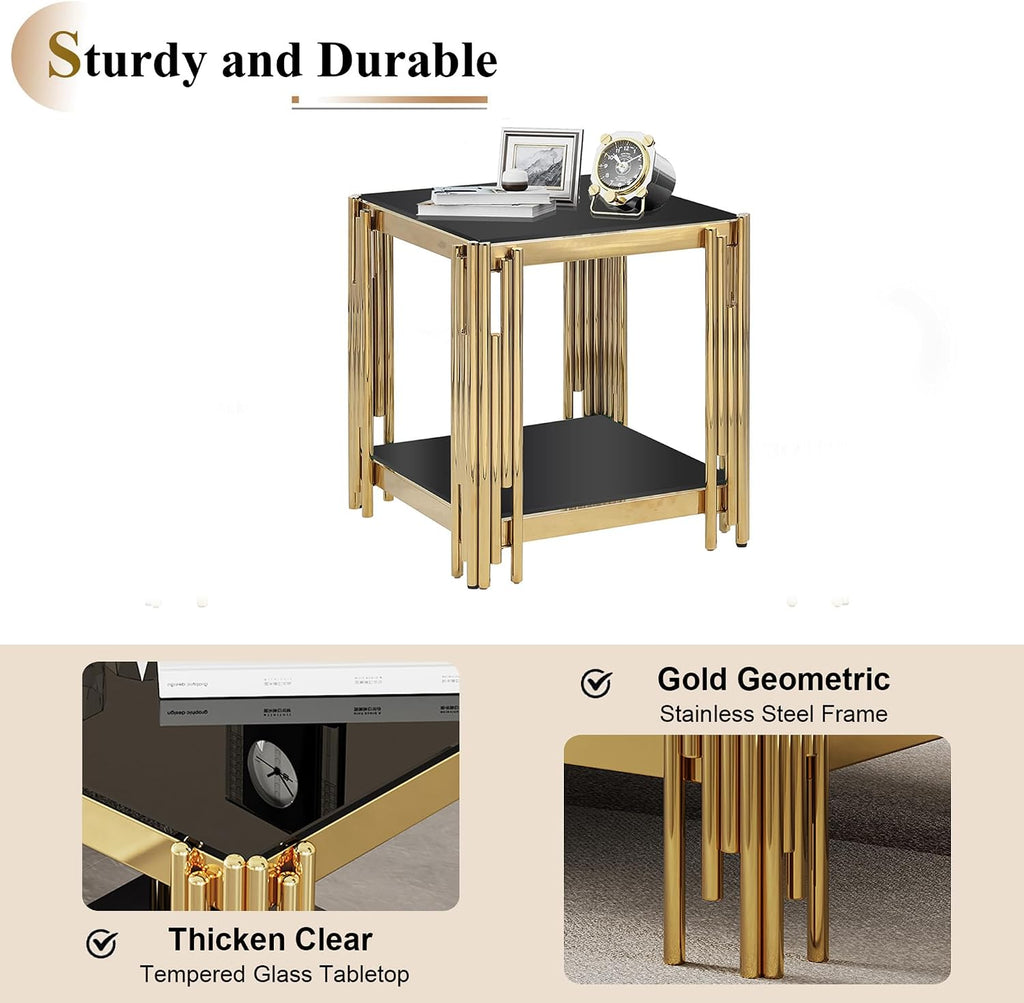 Modern Glass End Table, 20' Suqare Side Table with Gold Mirrored Stainless Steel Frame, 2-Tier Black Glass End Table Nightstand Pedestal Stand Lamp Table for Living Room, Bedroom, Office