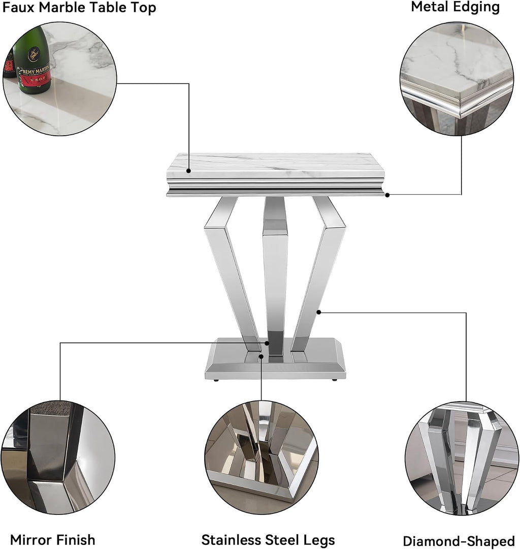 3 Pieces Coffee Table Set, Faux Marble Living Room Table Set of 3, Modern Coffee Table and 2 End Tables with Diamond-Shaped Stainless Steel Base for Living Room (White Silver)