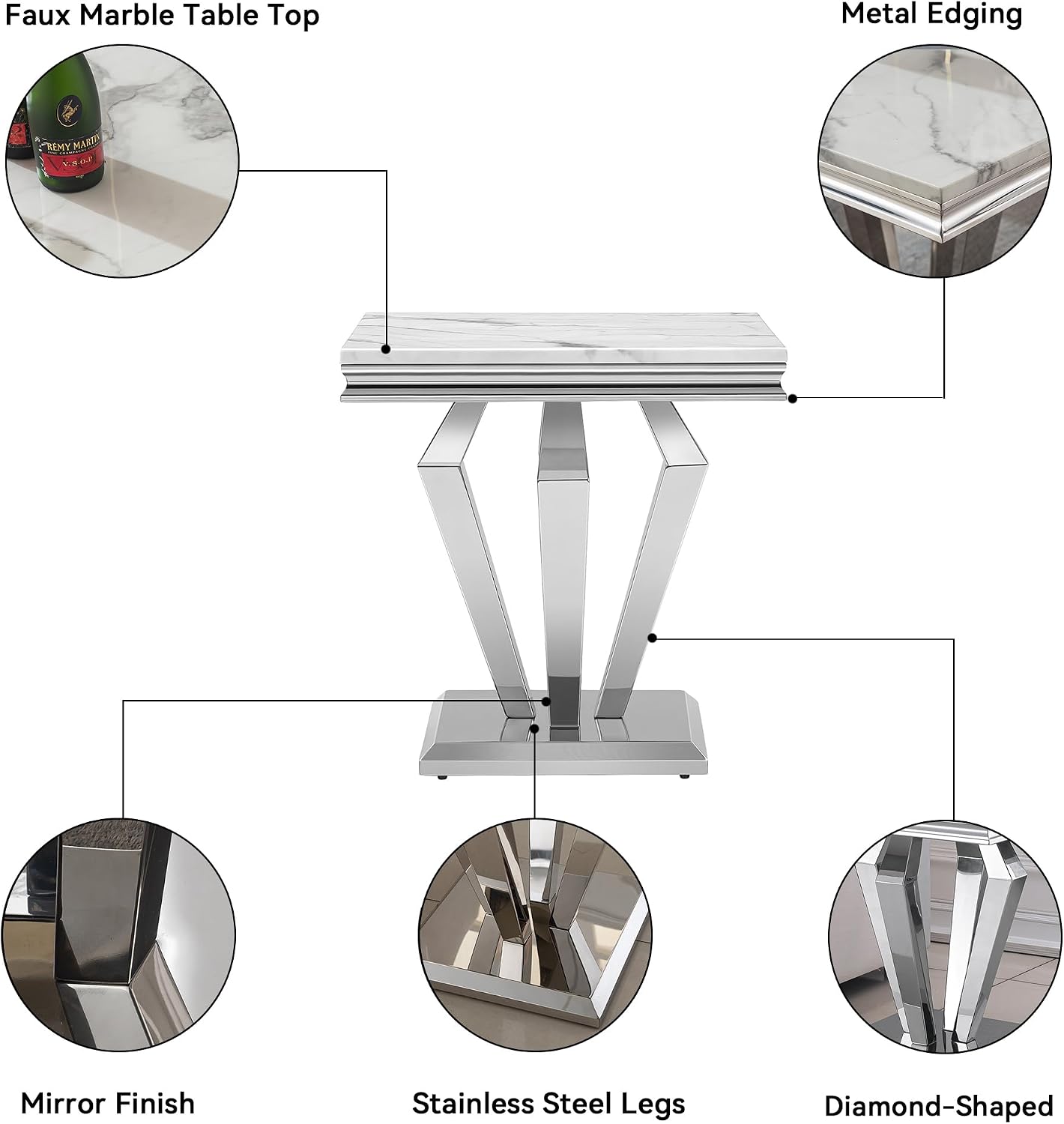 3 Pieces Coffee Table Set, Faux Marble Living Room Table Set of 3, Modern Coffee Table and 2 End Tables with Diamond-Shaped Stainless Steel Base for Living Room (White Silver)