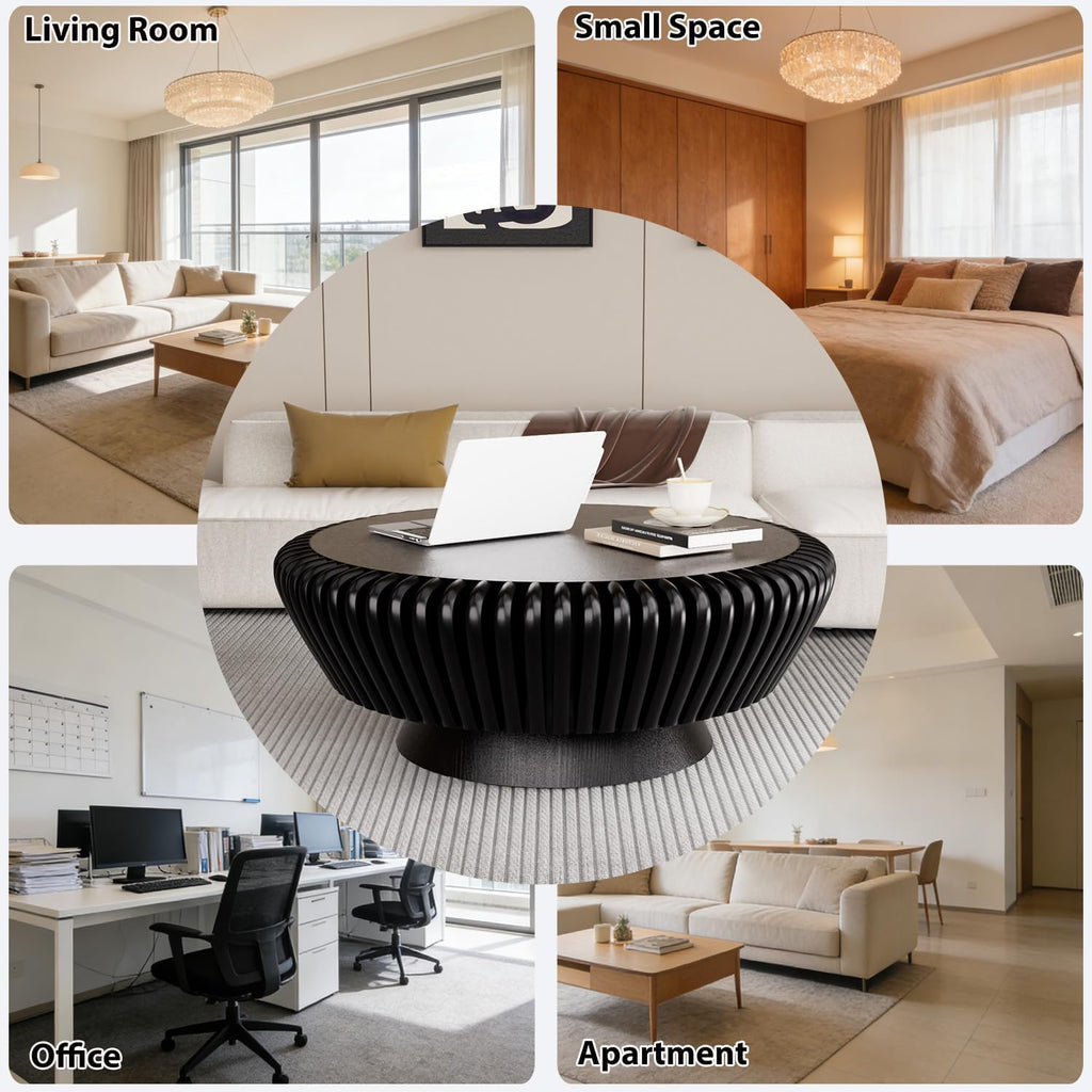 Modern Wood Fluted Round Coffee Table with Storage - Handcraft Drum Coffee Tables with Sturdy Base, Accent Center Table Small Circle Coffee Table for Living Room,Office, Apartment (Black 35.4')