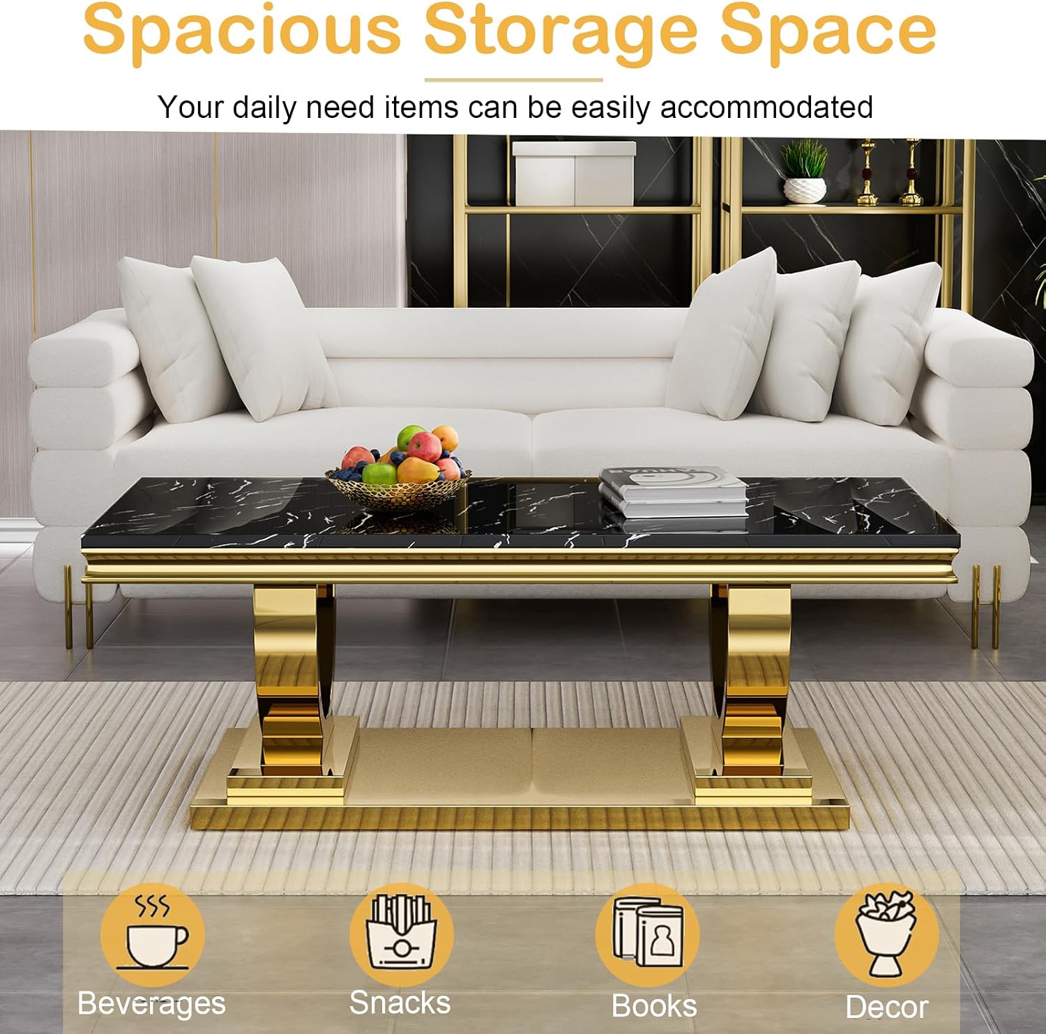 Marble Coffee Table for Living Room Modern Black Faux Marble Center Table w/Gold Double-O Stainless Steel Frame Elegant 47' Rectangular Accent Cocktail Sofa Table for Home Office