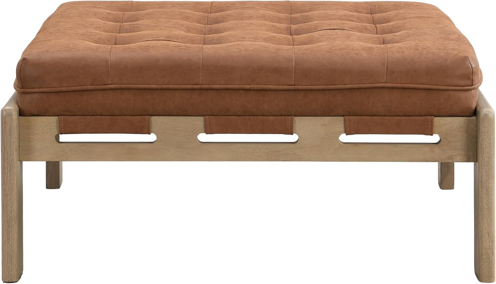 Merax 34'' Tufted Upholstered Cocktail Ottoman, Square Leather Ottoman Coffee Table, PU Leather Ottoman for Living Room, Bedroom, Office,Reddish Brown