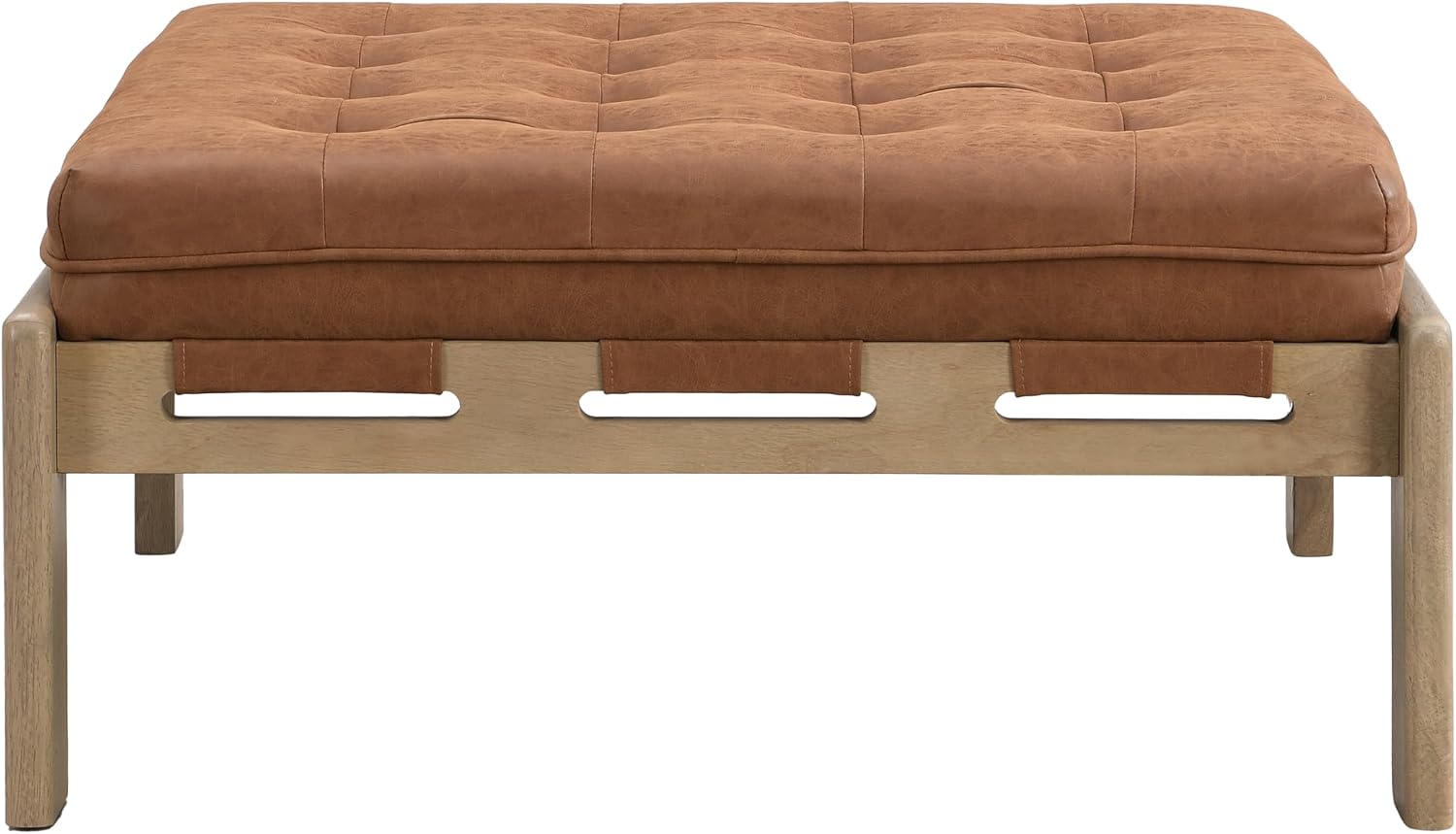 Merax 34'' Tufted Upholstered Cocktail Ottoman, Square Leather Ottoman Coffee Table, PU Leather Ottoman for Living Room, Bedroom, Office,Reddish Brown