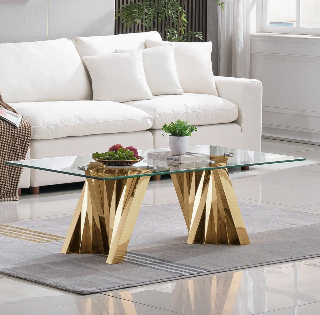 Henf Gold Glass Coffee Table with Mirrored Stainless Steel Base, 51' Rectangle Modern Living Room Cocktail Table for Home Office