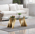 Henf Gold Glass Coffee Table with Mirrored Stainless Steel Base, 51' Rectangle Modern Living Room Cocktail Table for Home Office