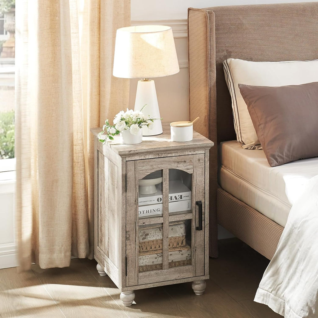 Narrow Side Table Set of 2,Farmhouse Nightstand with Charging Station,End Table with Glass Barn Door Storage, Cabinet Organizer with Adjustable Shelf, Night Stand for Small Spaces Living Room Bedroom