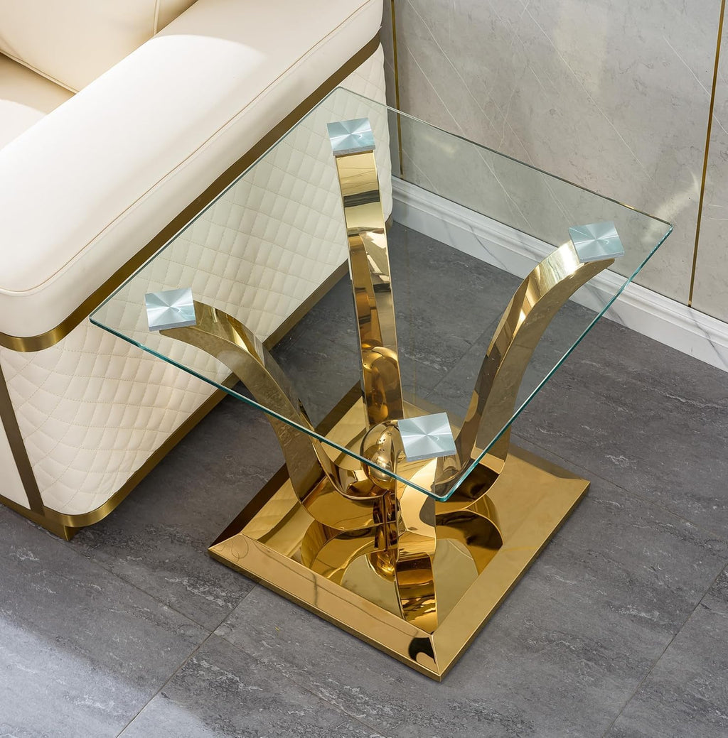 Modern Gold Glass End Table, Sqaure Sofa Side Table with Tempered Glass Top & Gold Stainless Steel Frame, Luxury Glass Accent End Table Bedside Table Nightstand for Living Room Bedroom