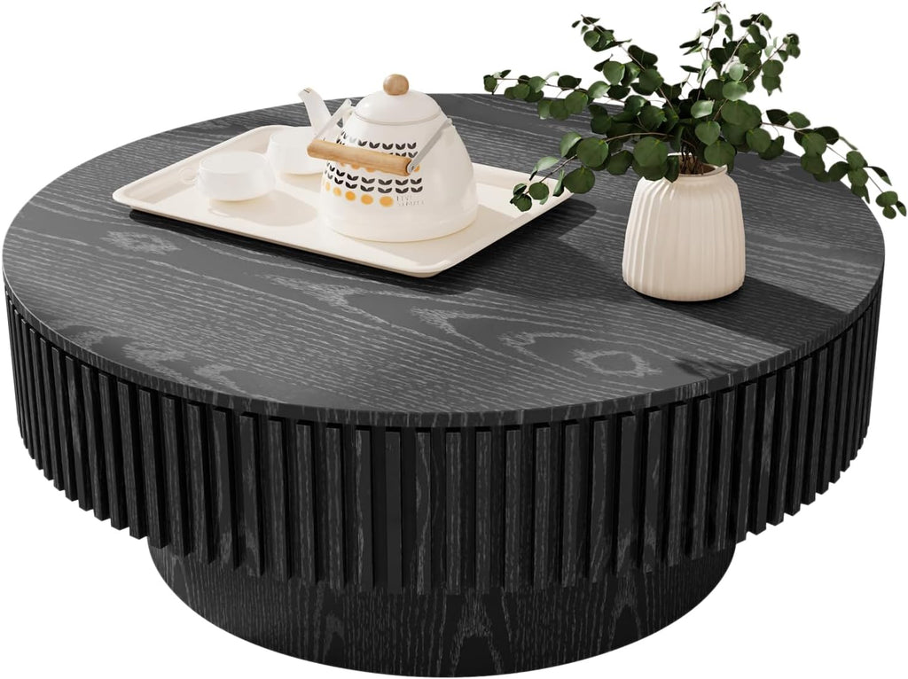31.5'' Round Coffee Table for Living Room, Fluted Coffee Table with Hidden Storage, Solid Wood Veneered Circle Table, Modern Tea Table for Small Space Apartment (Black)