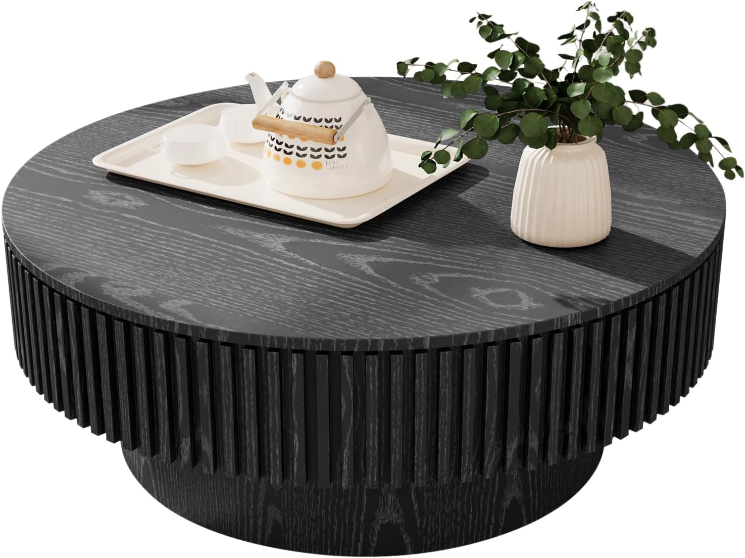 31.5'' Round Coffee Table for Living Room, Fluted Coffee Table with Hidden Storage, Solid Wood Veneered Circle Table, Modern Tea Table for Small Space Apartment (Black)