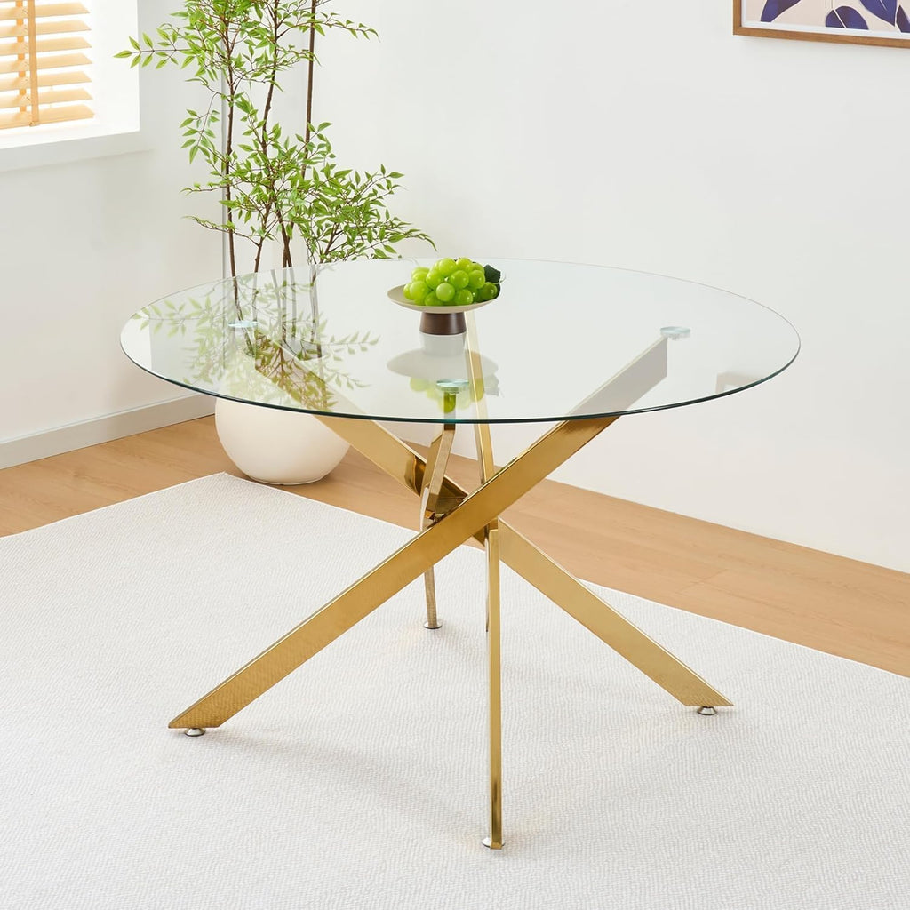 47' Small Dining Table Set of 6, Tempered Glass Round Dining Table and 6 Beige Velvet Dining Chairs, Luxury 7 Piece Circle Kitchen Dining Room Tables Set with Gold Chrome Metal X-Legs