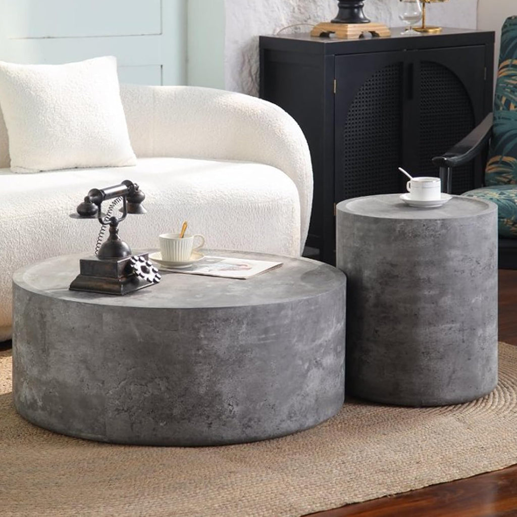 Modern Drum Coffee Table Faux Stone Finish Wood Coffee Tables Concrete Gray Round Center Table for Living Room Home Office,39.3'- Fully Assembled