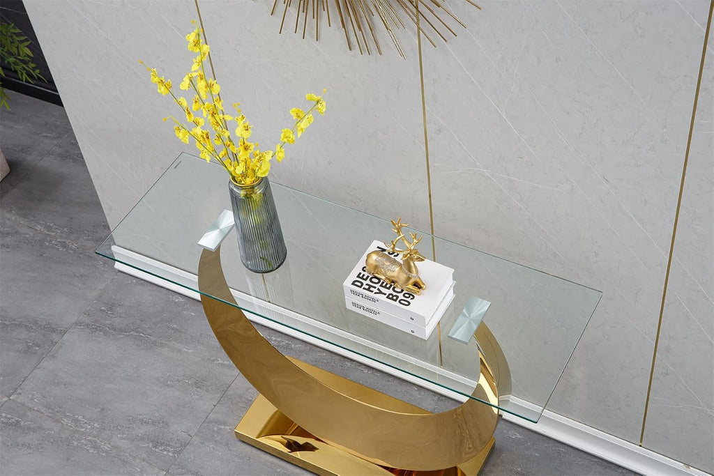 SSLine 1 Piece Living Room Console Table Luxury Glass Entryway Table,Modern Gold Console Table with Half Moon-Shape Stainless Steel Pedestal Base for Living Room Hallway Corridor(1 Console Table)