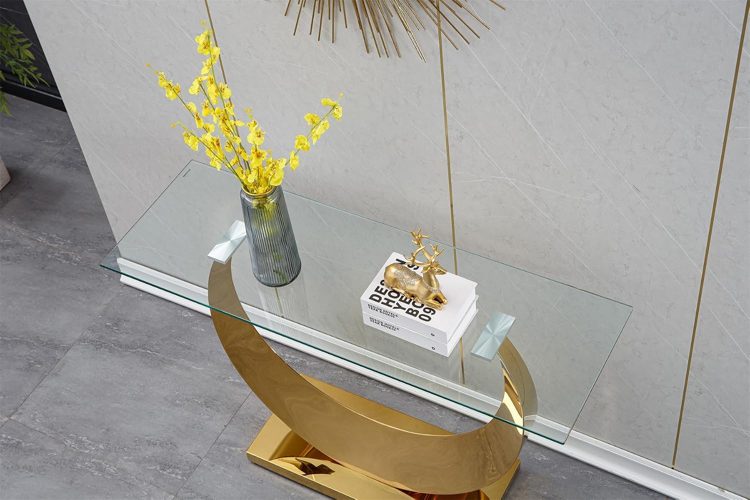 SSLine 1 Piece Living Room Console Table Luxury Glass Entryway Table,Modern Gold Console Table with Half Moon-Shape Stainless Steel Pedestal Base for Living Room Hallway Corridor(1 Console Table)