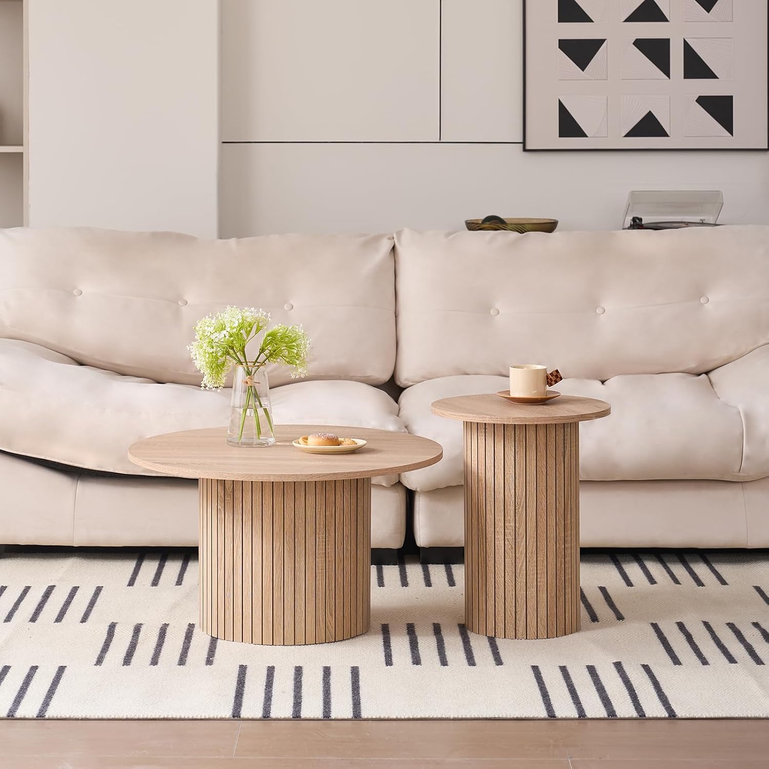 Round Coffee Tables Set of 2, Circle Modern Small Wood Side Table with Fluted Style Drum Base for Living Room Bedroom Balcony Office, Natural