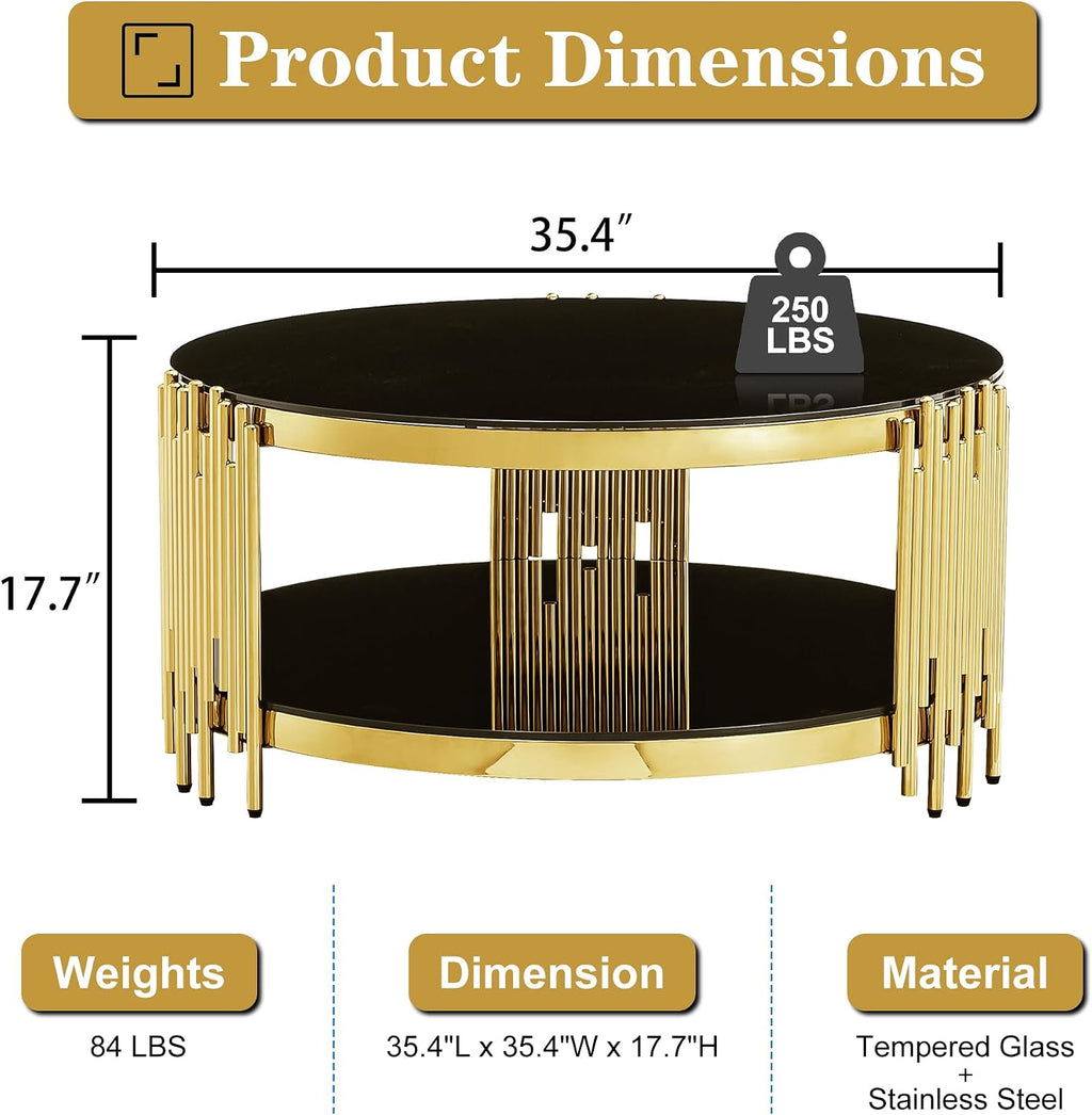 Round Glass Coffee Table Modern Living Room Table, 35.43' Gold Stainless Steel Leg Black Tempered Glass, Circle Sofa Center Table Furniture for Home Apartment Office, Gold
