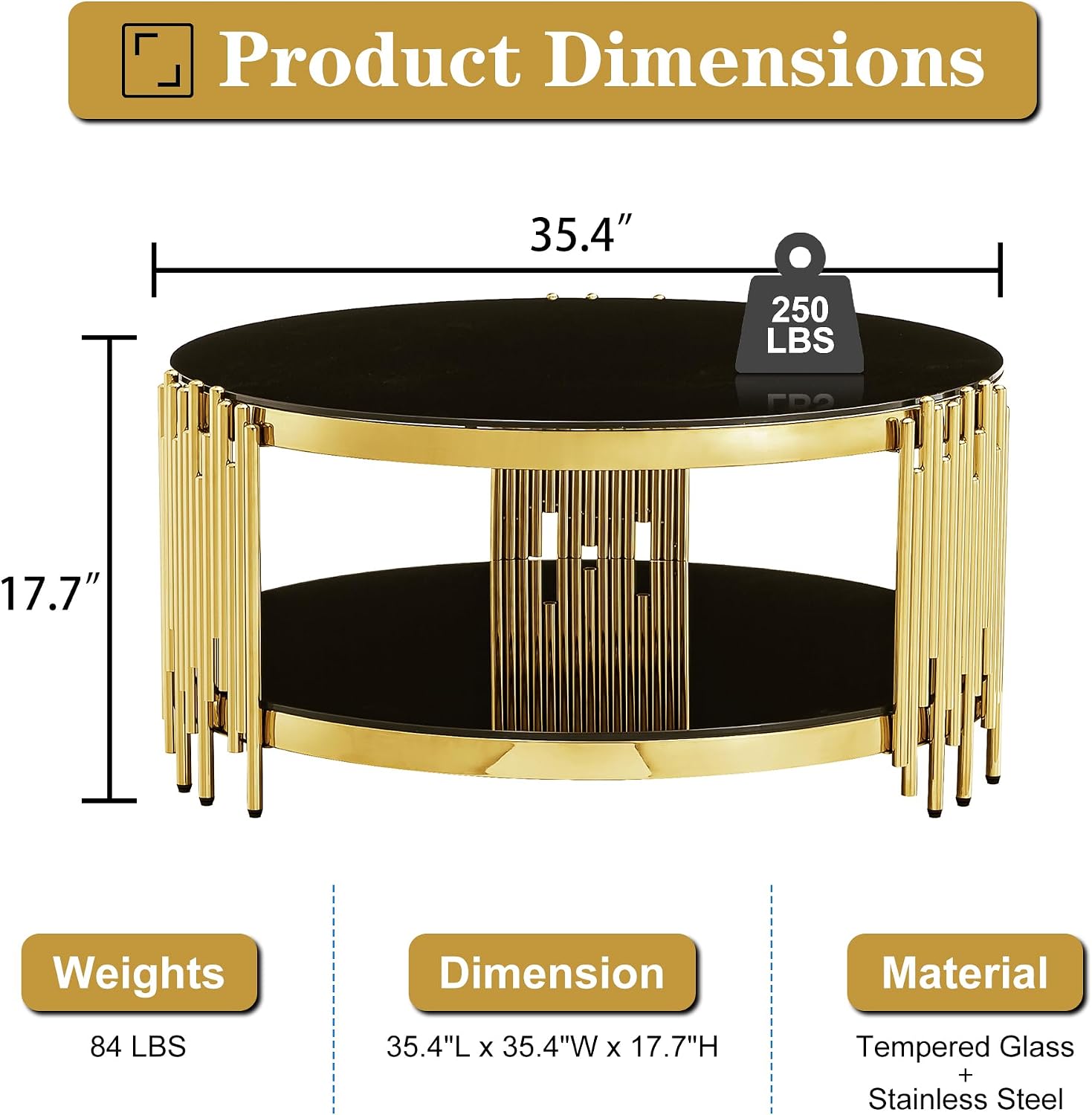 Round Glass Coffee Table Modern Living Room Table, 35.43' Gold Stainless Steel Leg Black Tempered Glass, Circle Sofa Center Table Furniture for Home Apartment Office, Gold