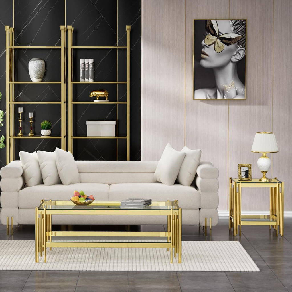 SSLine 2-Piece Living Room Table Set, Modern Clear Glass Coffee Table with 1 End Table, Luxury Rectangle 2-Tier Storage Coffee Table Set with Gold Stainless Steel Frame for Living Room