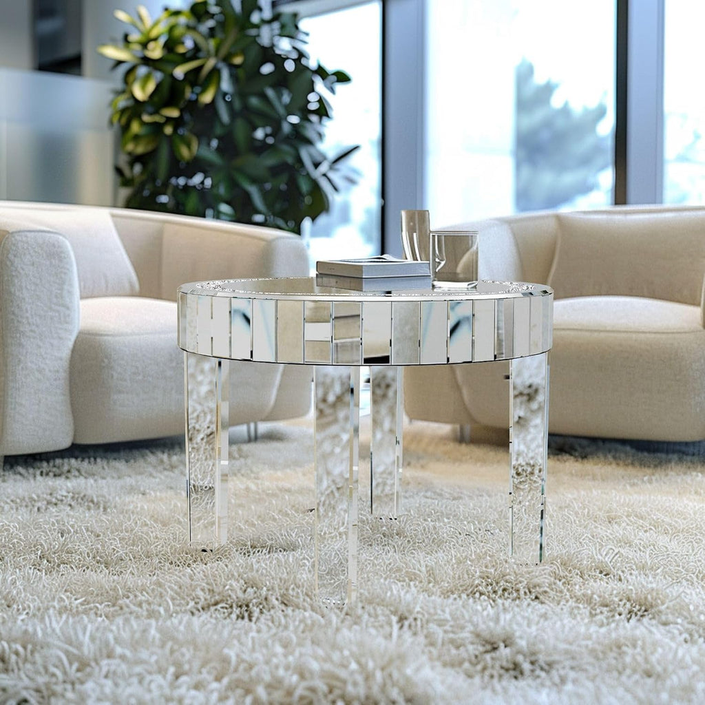 Silver Mirror Accent Table: 23.6 inch Round Mirrored Glass Tabletop Crushed Diamond