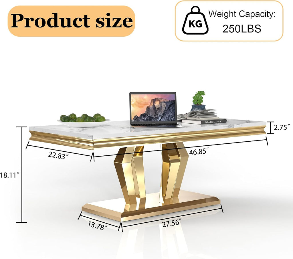 Modern Marble Coffee Table, 47' Living Room Table with Diamond-Shape Stainless Steel Base and Thickened Faux Marble Top for Living Room, Bedroom, Lounge (Gold,White)