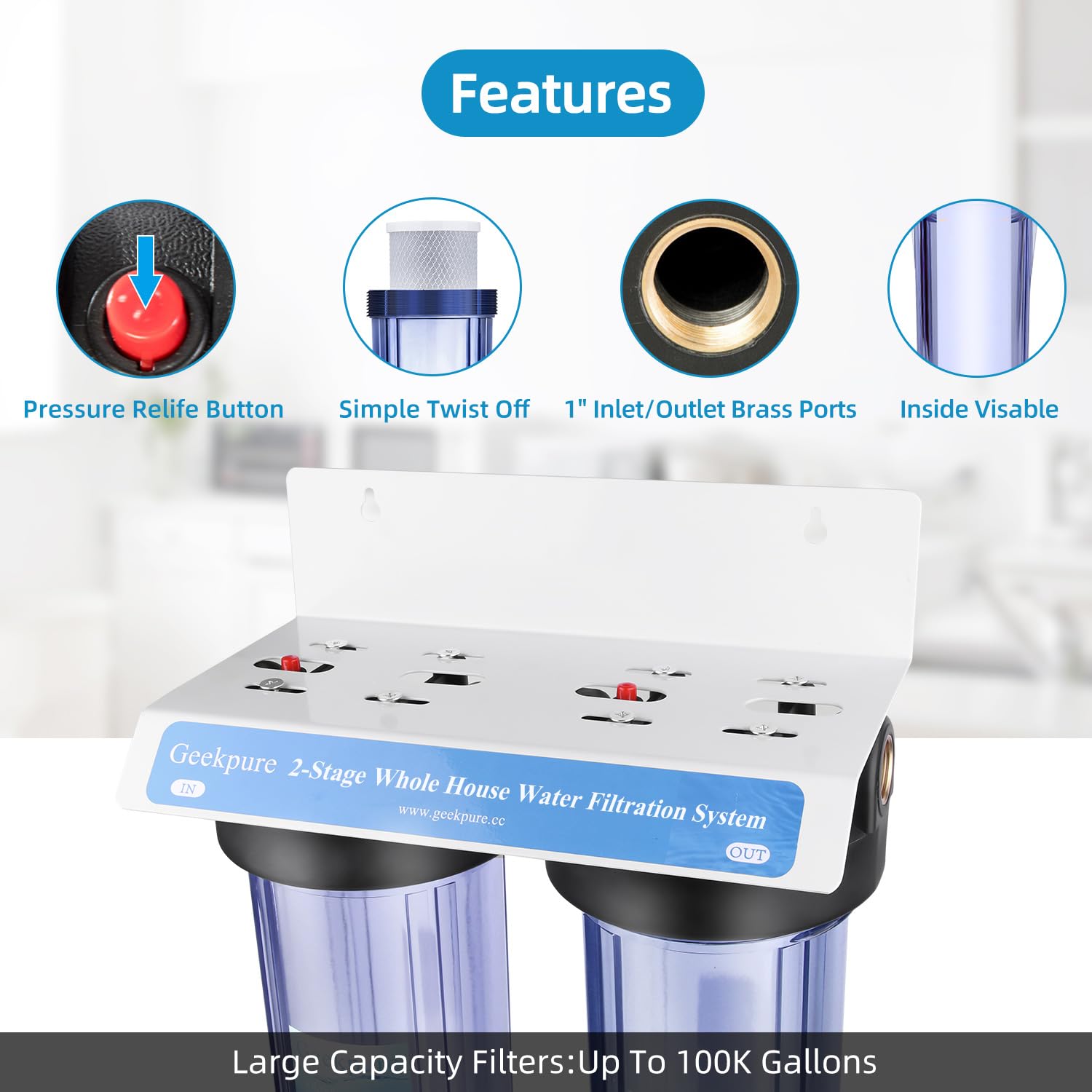 Geekpure 2 Stage Whole House Water Filter System with 20-Inch Big Clear Filter Housing -1' NPT
