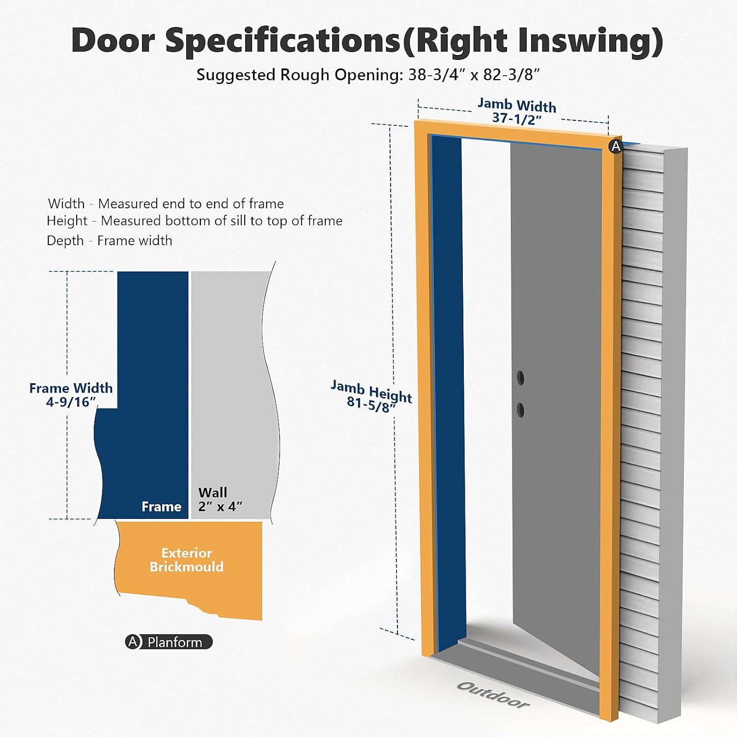 Fiberglass Entry Door, 36'' x 80' with Brickmould,Vinyl Frame,White Primed, Right Hand Inswing, Front Entry Knock-Down Door, 2-Panel Craftsman, 6-Lite Low-E Glass