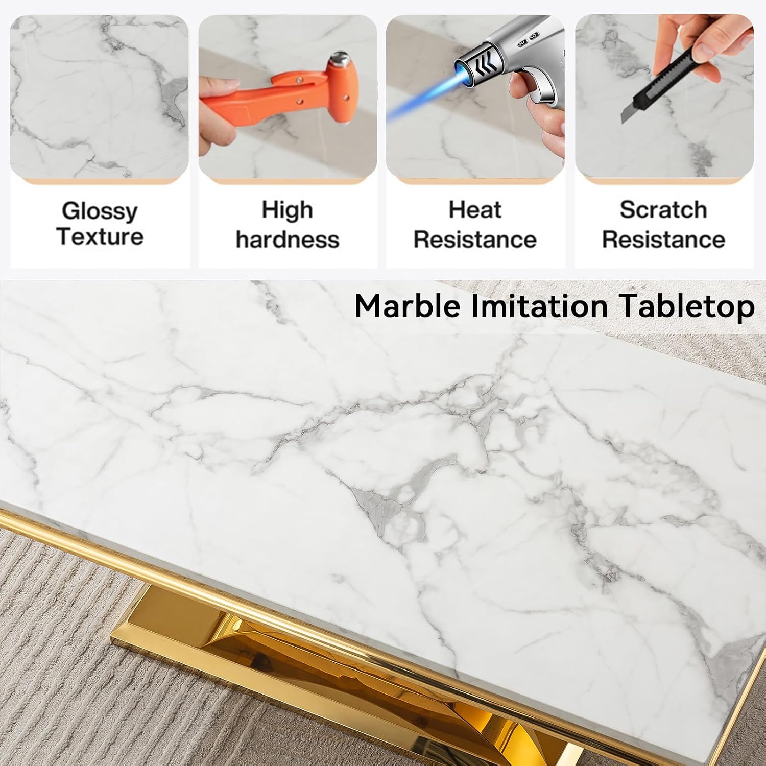 Modern Marble Coffee Table, 47' Rectangular White Coffee Tables with Gold Stainless Steel U-Shaped Base, Faux Marble Center Table Cocktail Tea Tables for Living Room Office Apartment