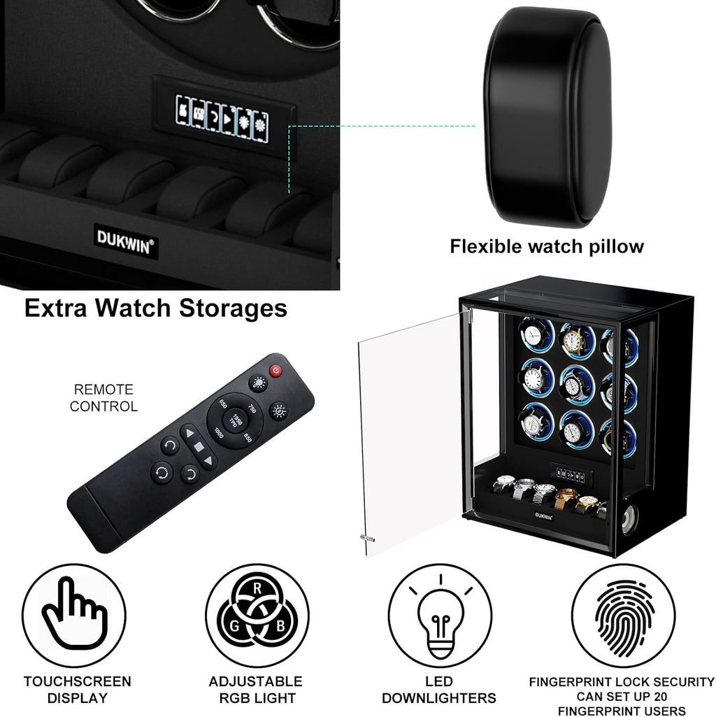 DUKWIN Fingerprint Lock Watch Winder, 8 TPD Watches Winder for 6/9 Automatic Watches with 6 Watch Holders, LCD Display, Adjustable Pillow and Changing LED Light for Gentles and Ladies