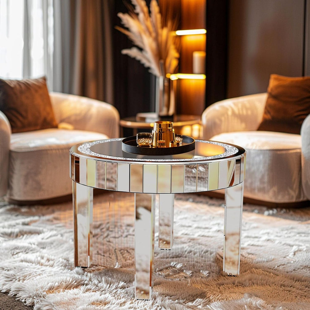 Silver Mirror Accent Table: 23.6 inch Round Mirrored Glass Tabletop Crushed Diamond