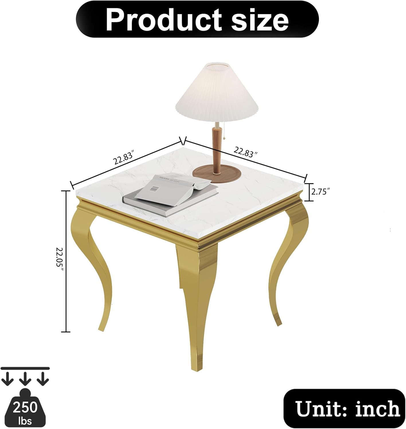Luxury Marble End Table Modern White Suqare Side Table with Gold Stainless Steel S-Legs, Faux Marble End Table Nightstand Bedside Table Lamp Table for Living Room, Bedroom, Home Office