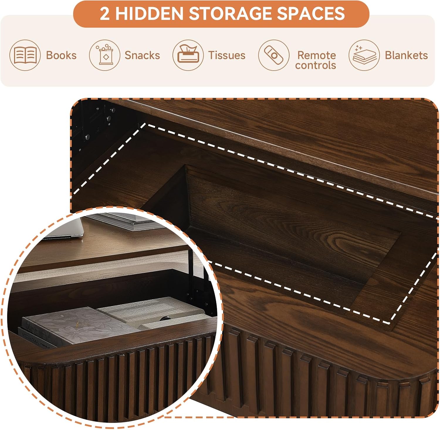 Lift Top Coffee Table for Living Room, Fluted Coffee Tables with Storage, Solid Wood Veneered Modern Accent Tea Center Table for Small Space Apartment (Walnut-38.6''D×26.8''H)