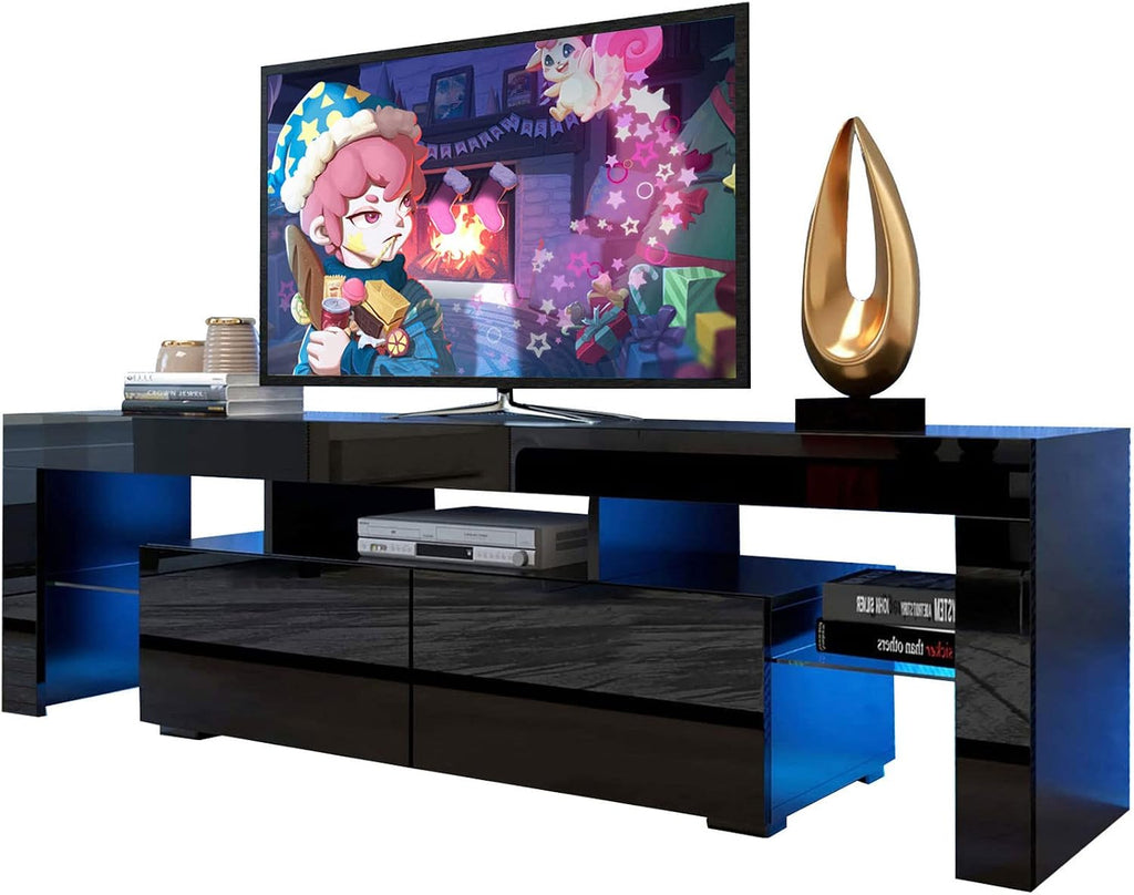 Black LED TV Stand for 50/60/70 Inch TVs with Color Change LED Lighting, Universal Entertainment Center for Video Gaming, Movies, and Home Decor, Clear Glass Shelving (Black3)