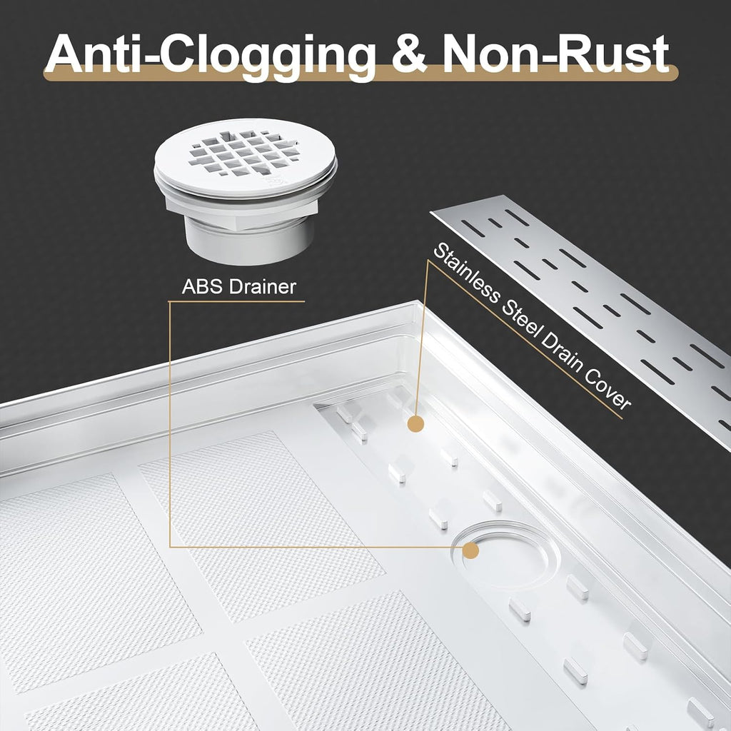 60' x 32' Shower Base Non-Slip SMC Shower Pan with Left Drain, White Bathroom Shower Tray Kit, 304 Stainless Steel Square Drain Cover, Single Threshold Floor for Easy Installation